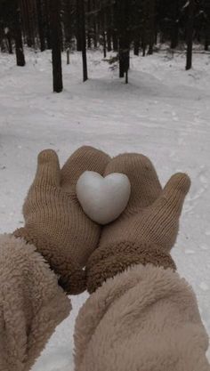 a person wearing gloves holding a white heart in the middle of a snowy forest area