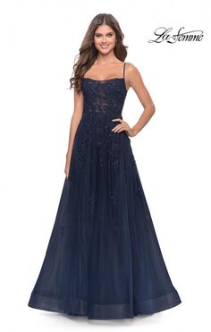 La femme 31381 Charming tulle A-line dress with a sheer ruched bodice featuring beaded lace applique. Straight Across Neckline, Full Tulle Skirt, Beaded Tulle, Embroidered Bodice, Prom Dress Styles, Designer Prom Dresses, Prom Designs, Tulle Gown, Prom Girl