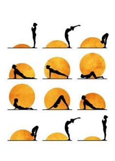 the silhouettes of people doing yoga poses in front of an orange ball and sun