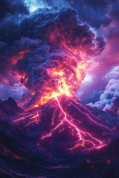 an image of a volcano in the sky with lightning coming from it's top