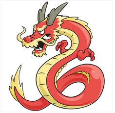 a red and yellow dragon with horns on it's head