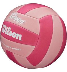 a pink and white volleyball ball with the words wilson on it