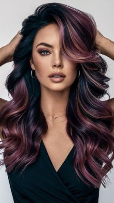 Dark Winter Hair Colors 2024 - 2025, Black Plum Hair, Deep Plum Hair Color, Plum Balayage, Dark Plum Hair Color, Hair Color Ideas Dark, Mahogany Balayage, Plum Hair Color Ideas, Dark Plum Hair