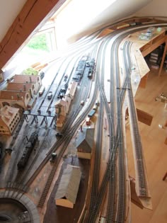 an overhead view of a model train set