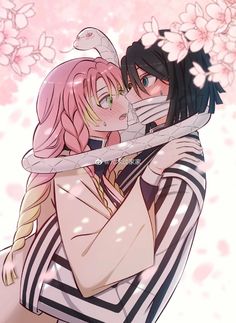 two anime characters hugging each other in front of pink flowers and cherry blossom tree branches