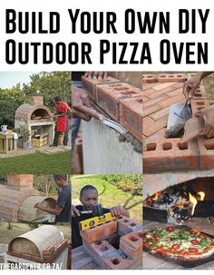 there are many pictures of people cooking pizzas on an outdoor bbq grill, and the man is using a spatula to cook