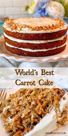 carrot cake with cream cheese frosting and crumbs on the top is shown