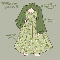 a green dress with mushrooms on it and the words mushroom picnic written in large letters