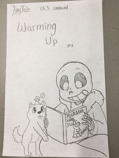 a drawing of a skeleton reading a book next to a cat and dog with the caption's name on it