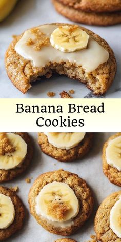 banana bread cookies with white icing and sliced bananas on the top one cookie has been cut in half