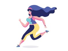 a woman running with long hair and sneakers on her feet, she is wearing a colorful top