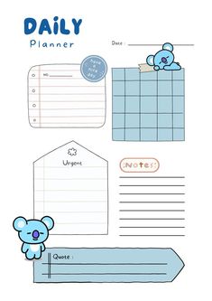 a blue teddy bear sitting on top of a piece of paper with the words daily planner written