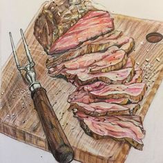 a drawing of some meat on a cutting board with a knife and pepper grinder