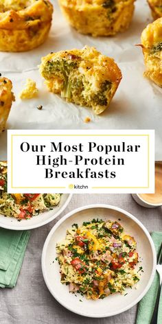 the words our most popular high protein breakfasts are in front of some muffins