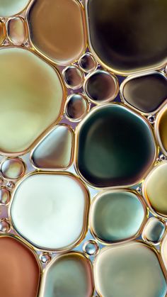 an image of water drops on the surface with different colors and shapes, including circles