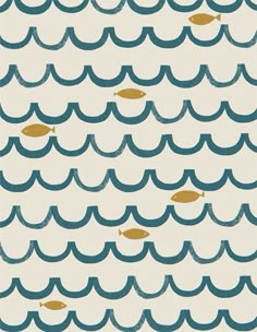 an abstract blue and white pattern with gold fish in the water, on a beige background