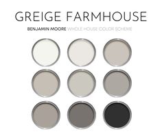 six different shades of grey paint with the words greige farmhousee