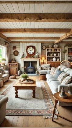 a living room filled with lots of furniture and a clock on the wall above it