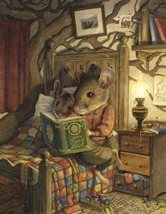 a book with an image of a mouse sitting on top of a bed reading a book