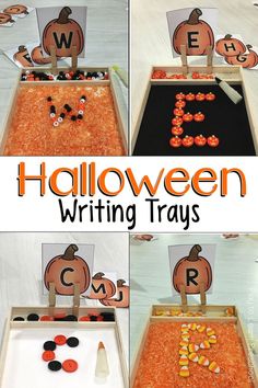 halloween writing trays with letters and pumpkins