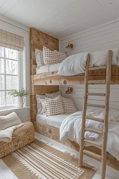 a bedroom with bunk beds and white walls