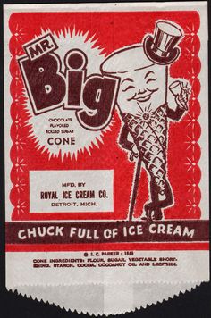 an old ice cream label from the 1950's, featuring a cartoon character wearing a top hat