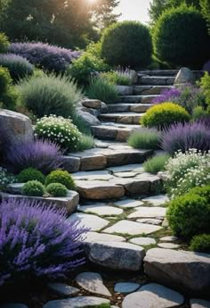 a stone path surrounded by purple flowers and greenery in the sunlit garden area