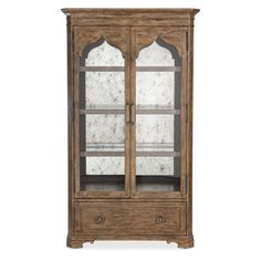 an old wooden display cabinet with glass doors and two drawers on the front, one door open