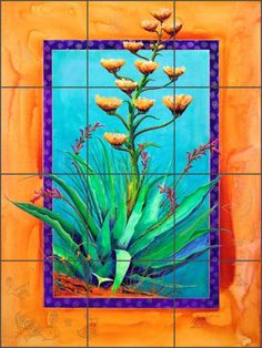 a painting of flowers on a tile wall