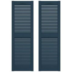 two dark blue shutters with horizontal slats on the top and bottom, facing each other