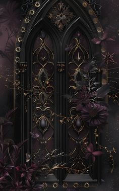 an ornate black door with purple flowers on it