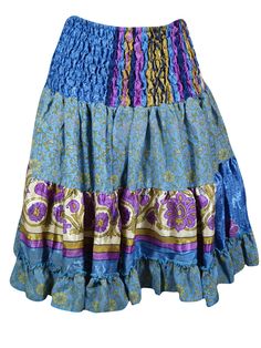 Womens Summer Ruched Skirt Blue Floral Beach Recycle Silk Skirts S/M Boho Style Summer, Silk Skirts, Elastic Skirt, Boho Fashion Summer, Patchwork Skirt, Ruched Skirt, Boho Pants, Beach Skirt, Blue Beach