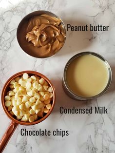 ingredients for peanut butter and chocolate pudding in bowls on a marble counter top with text below