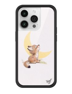 a phone case with an image of a fox sitting on the moon and looking up