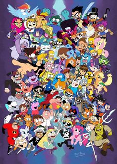 an image of many cartoon characters in the style of cartoons on a purple and blue background