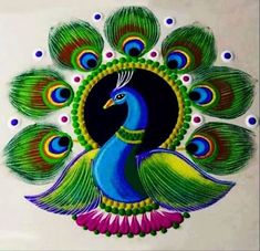 a peacock painted on the side of a white plate with blue, green and yellow feathers