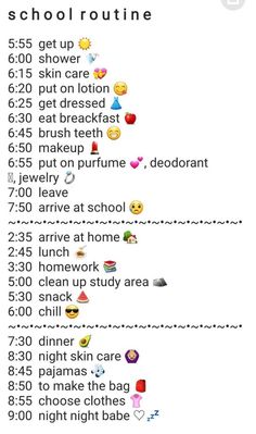 an image of a list with emoticions on it that says, school routine