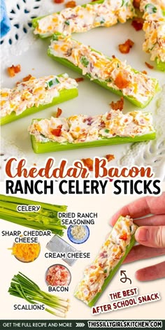 cheddar bacon ranch celery sticks Stuffed Celery Sticks, Stuffed Celery, Celery Sticks, Appetizers Easy Finger Food, Finger Foods Easy, Quick Easy Snacks, Bacon Ranch, Easy Snack Recipes, Low Carb Snacks