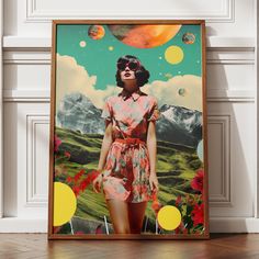 a woman in a dress and sunglasses standing next to a painting