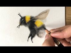 a drawing of a bee with yellow and black stripes on it's body, being drawn