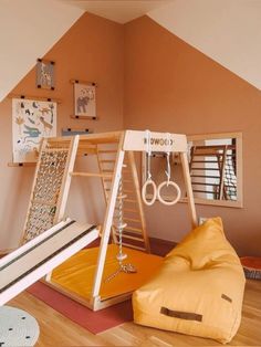 a child's bedroom with bunk beds and toys on the floor in front of it