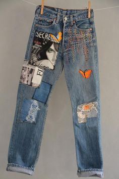 Ready to send :size 26Reworked Vintage Jeans with unique  Patches.----or----Made to order,  in any size, within 2 working days . If you need different size, please send me a message and I will make you a special and unique design within 2 working days.They are all different! No one will have the same one as you have! Hand painted, one of kind jeans.You pick your size, model (slime- boyfriend- high waist- low waist) and primer color and you will get your singular design."my queens wish" is a wome Straight Leg Denim Jeans With Collage Stitching, Spring Denim Jeans With Collage Stitching, Reworked Blue Jeans For Summer, Summer Reworked Blue Jeans, Blue Straight Leg Jeans With Patches, Fitted Blue Jeans With Patches, Multicolor Denim Jeans With Pockets, Multicolor Jeans With Pockets For Streetwear, Multicolor Denim Bottoms With Patches