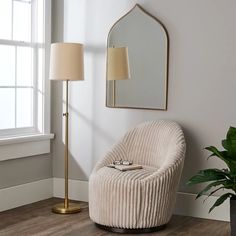 a living room with a chair, mirror and potted plant on the floor next to it