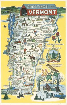 a map of vermont with all the towns and places on it's yellow background