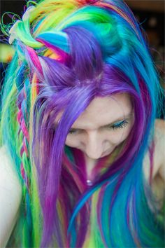 Rainbow Hair Color, Multi Colored Hair, Neon Hair, Multicolored Hair, Bright Hair, Funky Hairstyles, Colorful Hair, Pastel Hair, Mermaid Hair