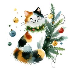 a watercolor painting of a cat sitting next to a christmas tree with ornaments on it