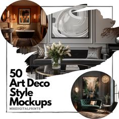 an advertisement for art deco style mockups with furniture and decor items in the background