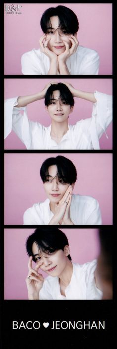 three different pictures of a person with their hands on his face and the words baco jeonghan above them