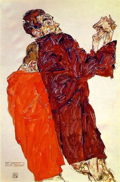 two people dressed in red and orange standing next to each other on a white surface