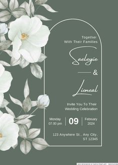 an elegant wedding card with white flowers and greenery on the front, in grey tones